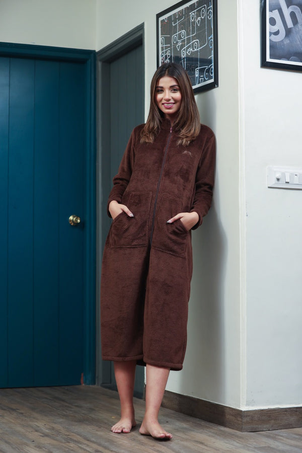 Mini Zip-Front Brown Super Soft Woollen Dress
