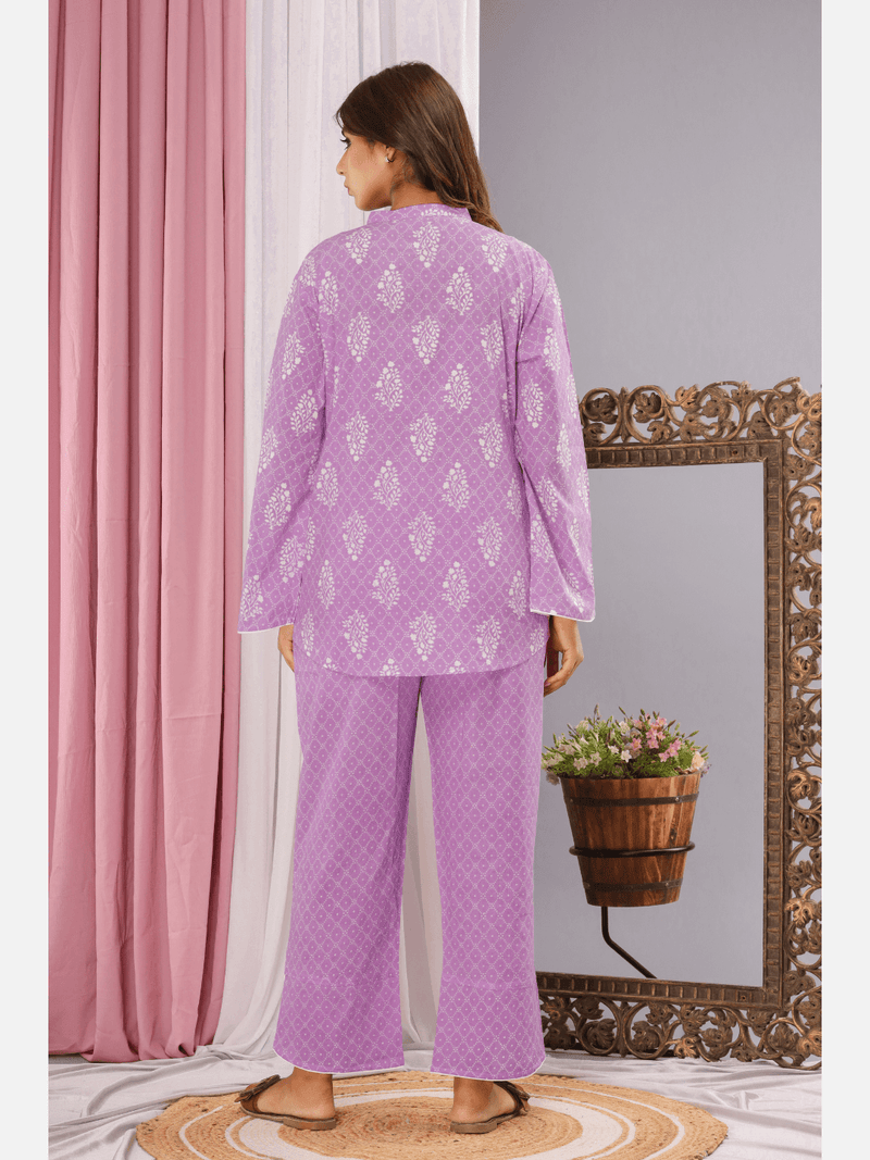 Lavender mandarin collar Pure cotton loungewear