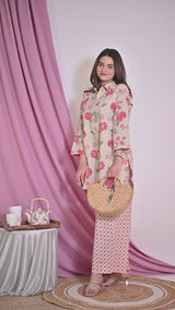 Cream Flower Collared Pure Cotton Loungewear