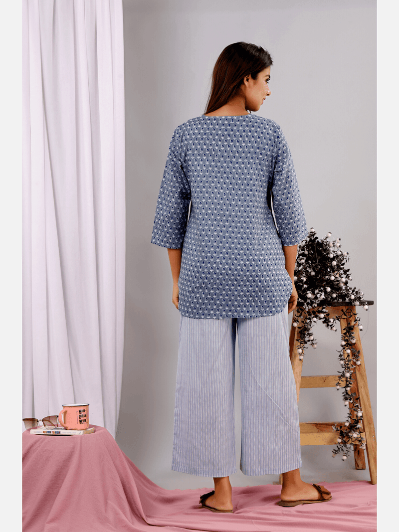 Blue Pasely Block Printed Lounge Wear (6890383474885)