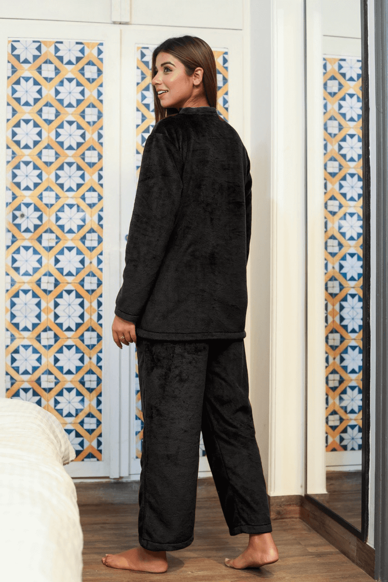 V neck Super Soft Black woollen Lounge Wear Set