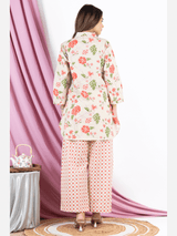 Cream Flower Collared Pure Cotton Loungewear