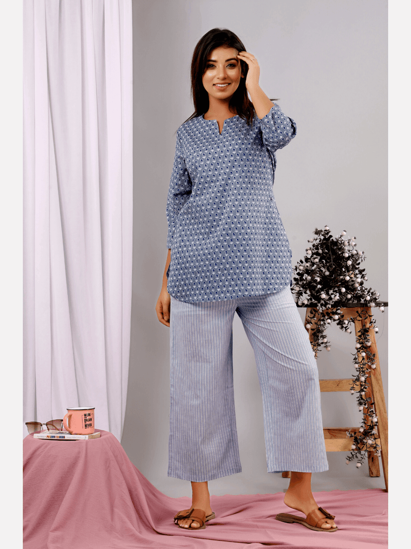 Blue Pasely Block Printed Lounge Wear (6890383474885)