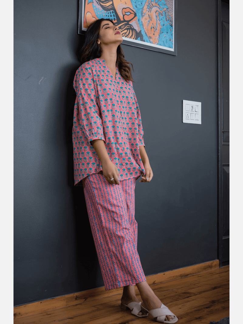 Smooth Pink back pleated Pure Cotton Loungewear