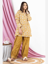 Mustard Floral V Neck Pure Cotton Loungewear