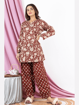 Brown V Neck Pure Cotton Loungewear