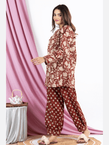 Brown V Neck Pure Cotton Loungewear